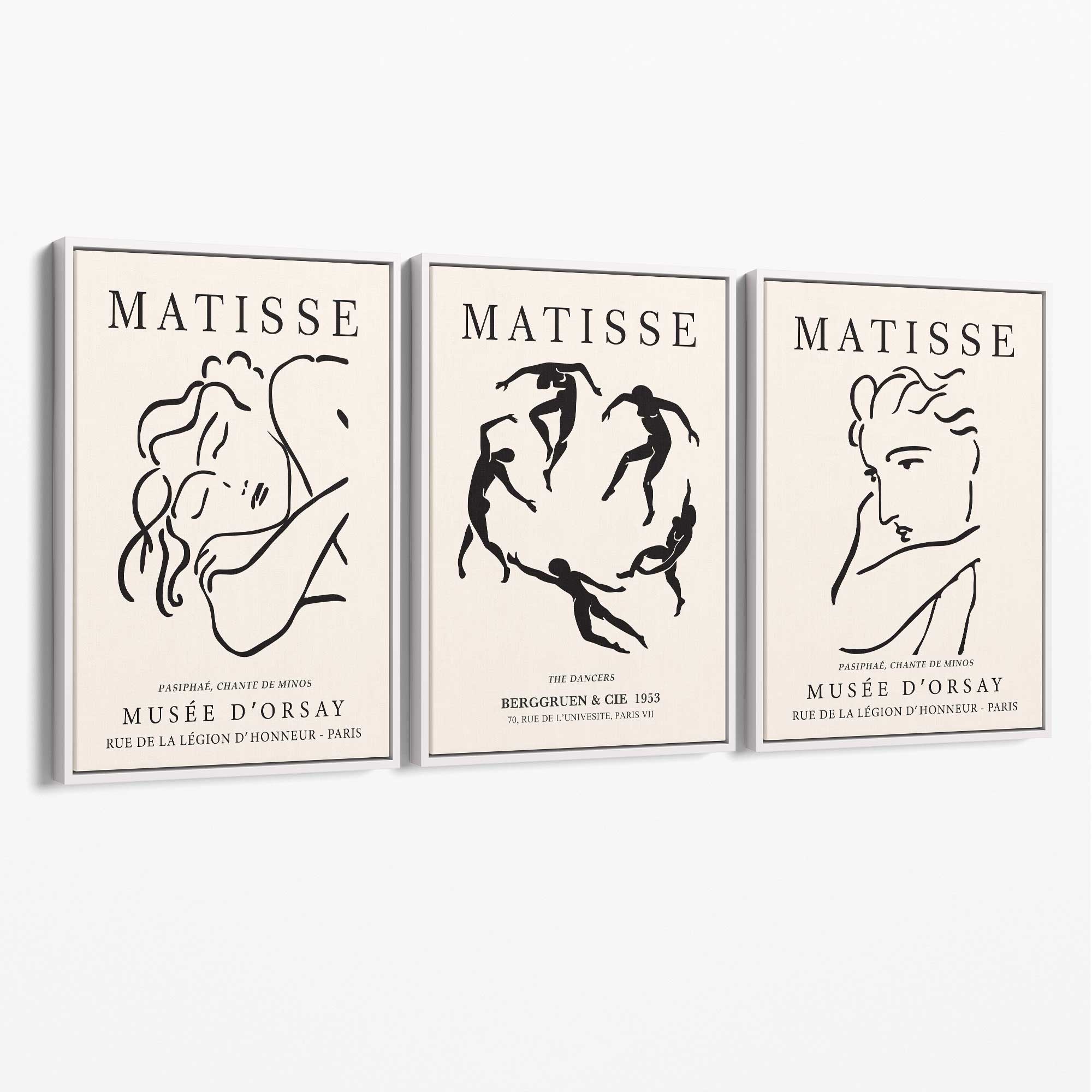 Matisse Minimal Line Art Fashion Set of 3 Black and Cream Canvas Prints with White Float Frame