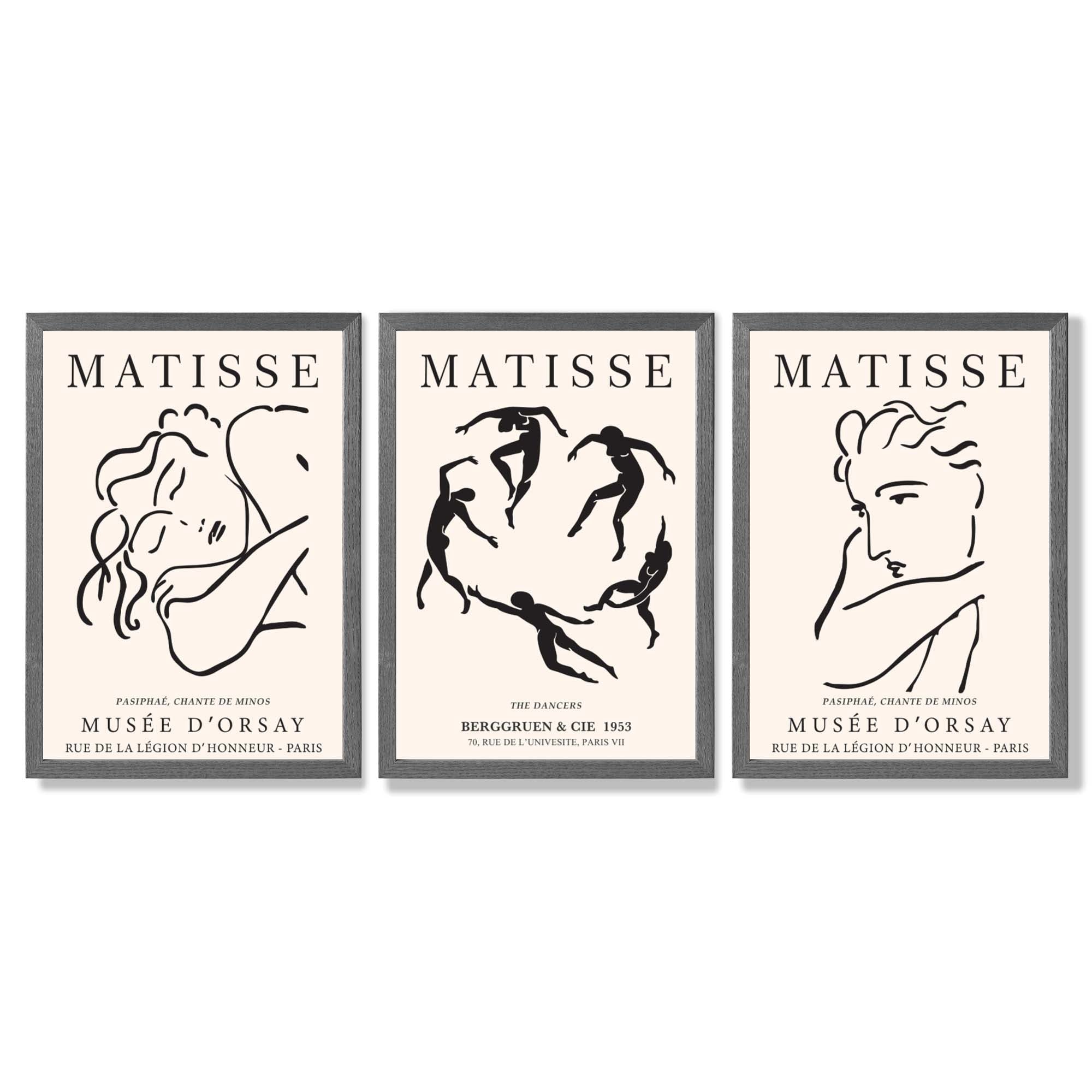 Matisse Minimal Line Art Fashion Set of 3 Black and Cream Framed Wall Art with Dark Grey Wooden Frames