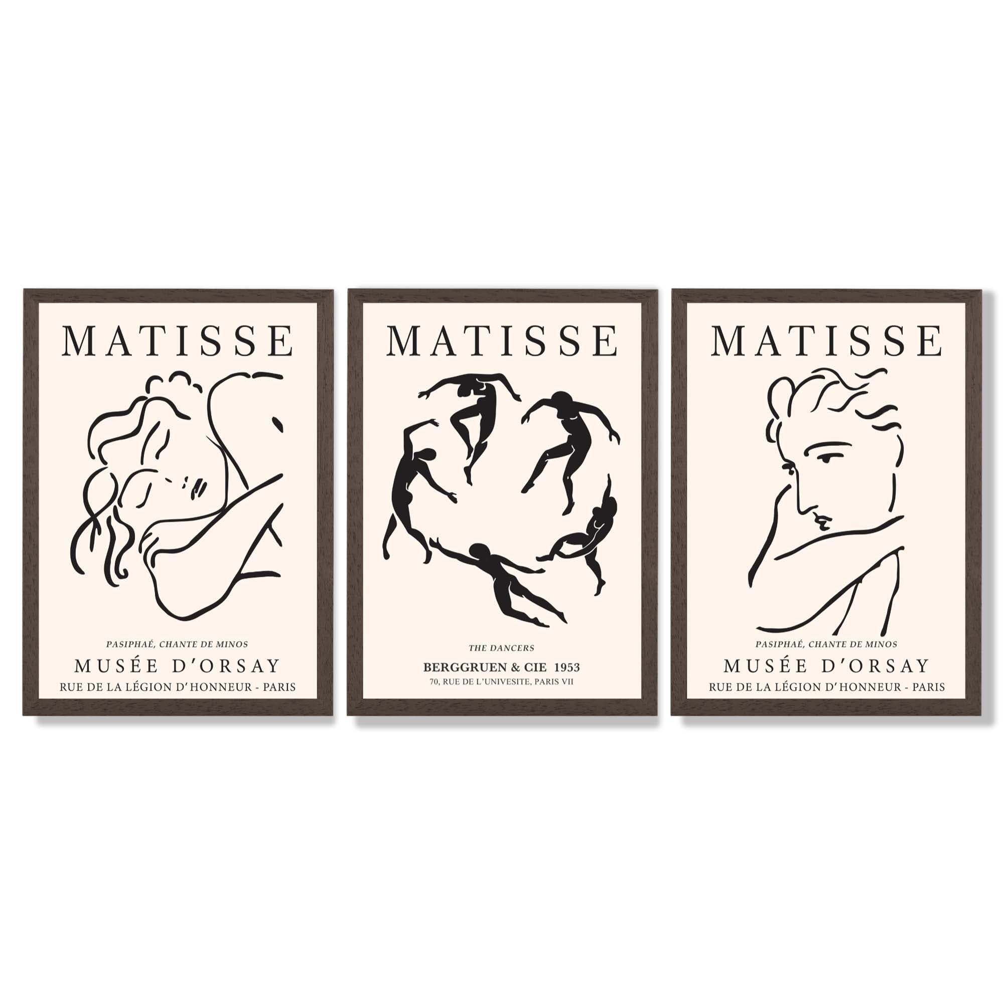 Matisse Minimal Line Art Fashion Set of 3 Black and Cream Framed Wall Art with Dark Wood Frames