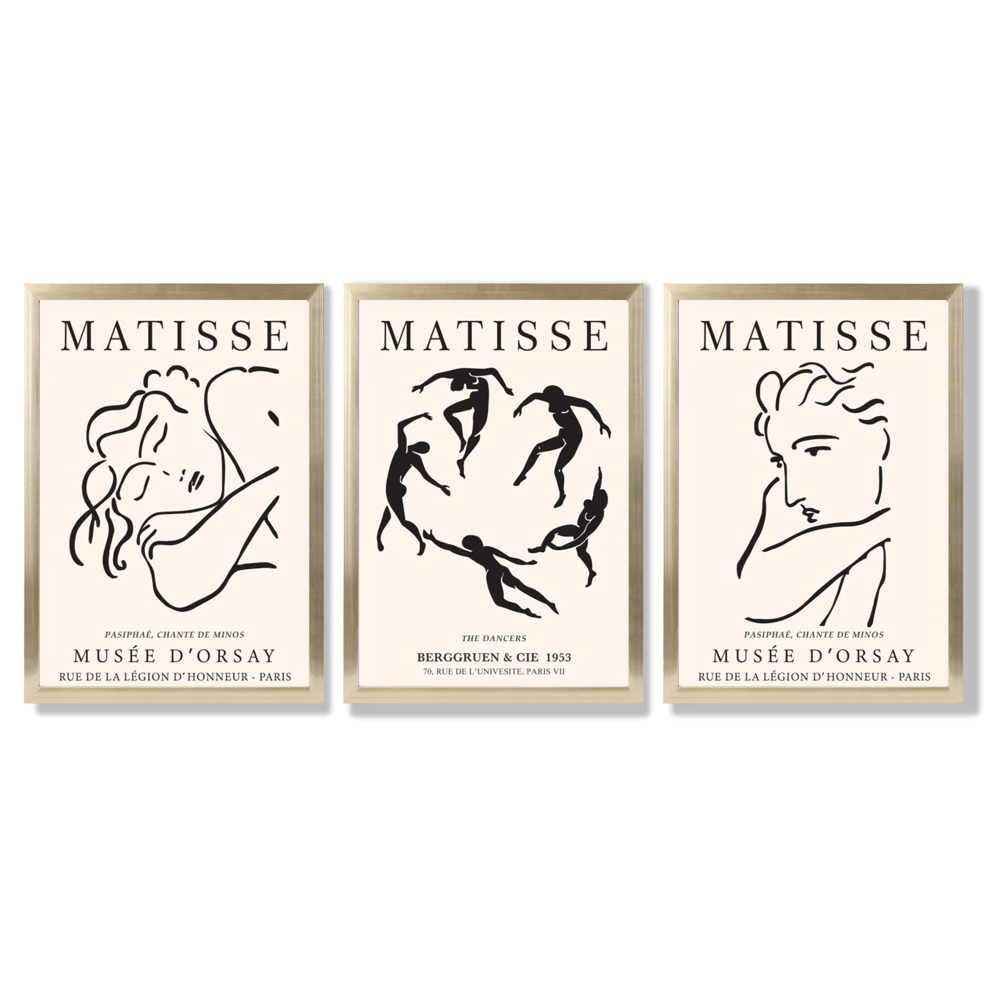 Matisse Minimal Line Art Fashion Set of 3 Black and Cream Framed Wall Art with Gold Wood Frames