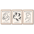 Matisse Minimal Line Art Fashion Set of 3 Black and Cream Framed Wall Art with Light Oak Frames