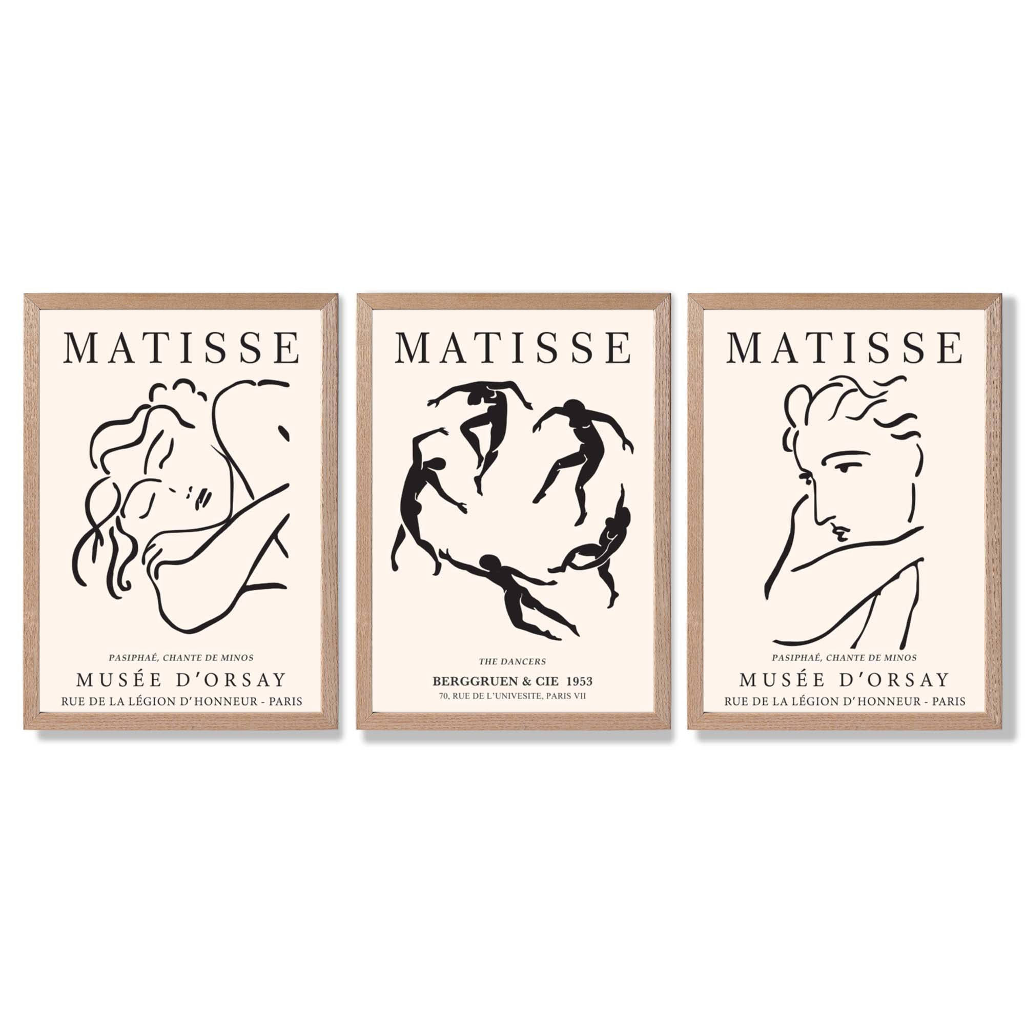 Matisse Minimal Line Art Fashion Set of 3 Black and Cream Framed Wall Art with Light Oak Frames