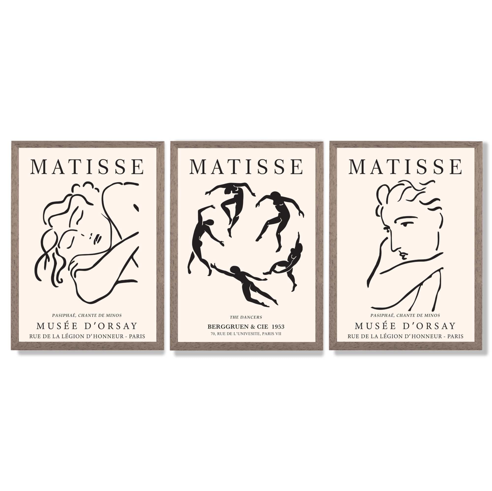 Matisse Minimal Line Art Fashion Set of 3 Black and Cream Framed Wall Art with Light Walnut Frames