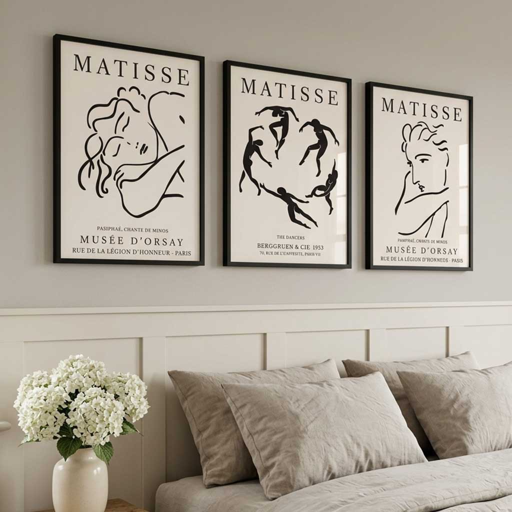 Matisse Minimal Line Art Fashion Set of 3 Black and Cream Art Prints in White Frames | Artze UK
