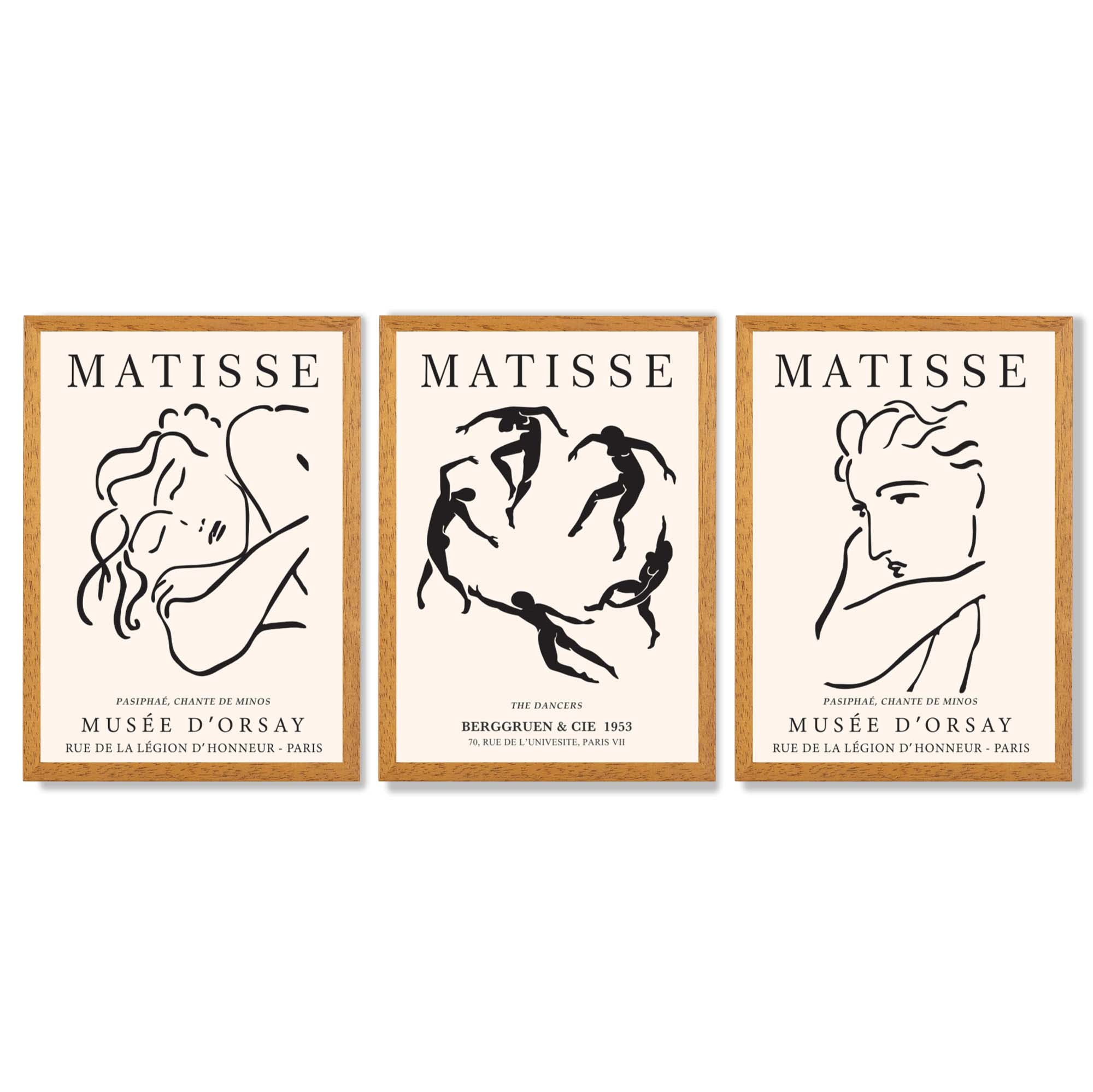 Matisse Minimal Line Art Fashion Set of 3 Black and Cream Framed Wall Art with Oak Wooden Frames