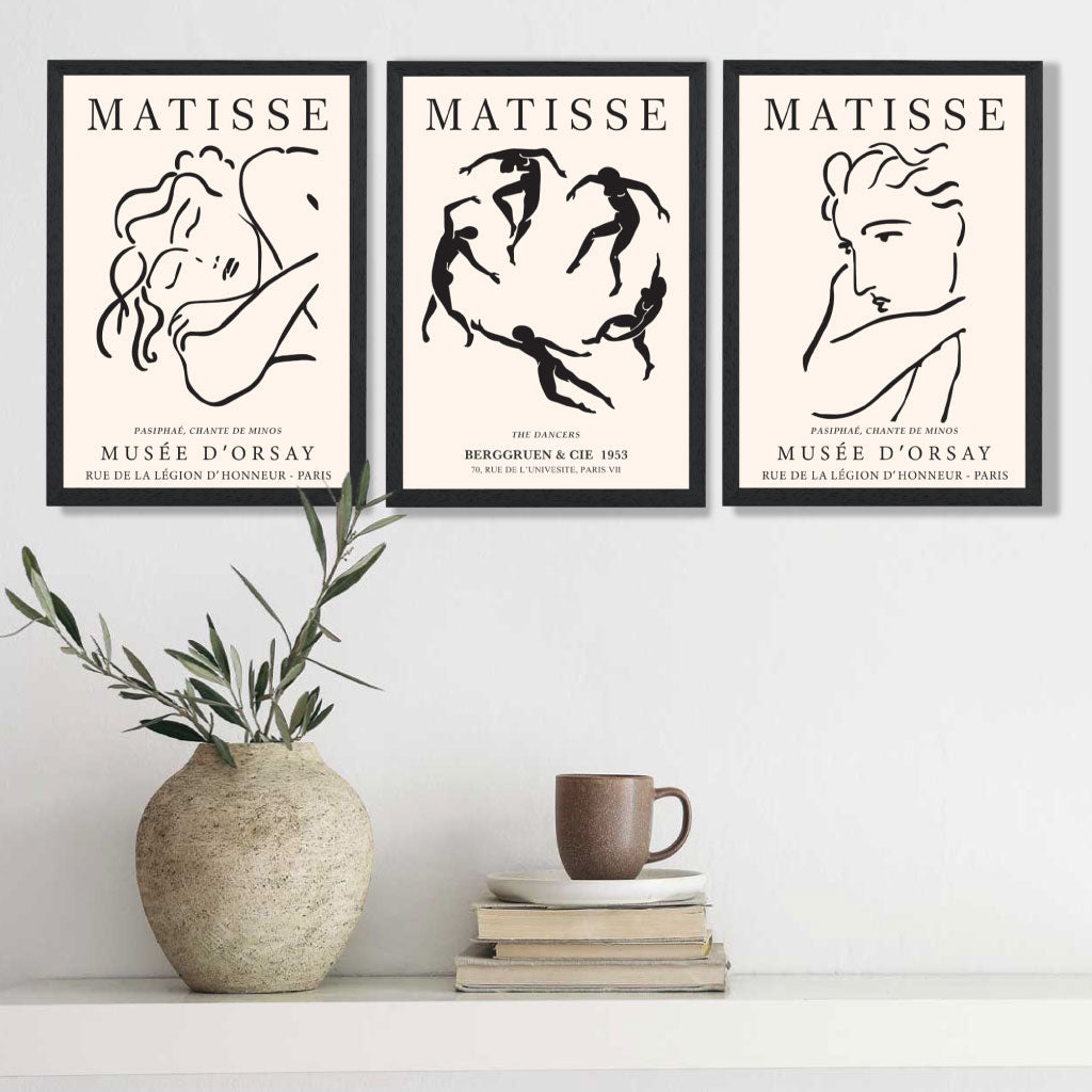 Matisse Minimal Line Art Fashion Set of 3 Black and Cream Art Prints in Oak Frames | Artze UK