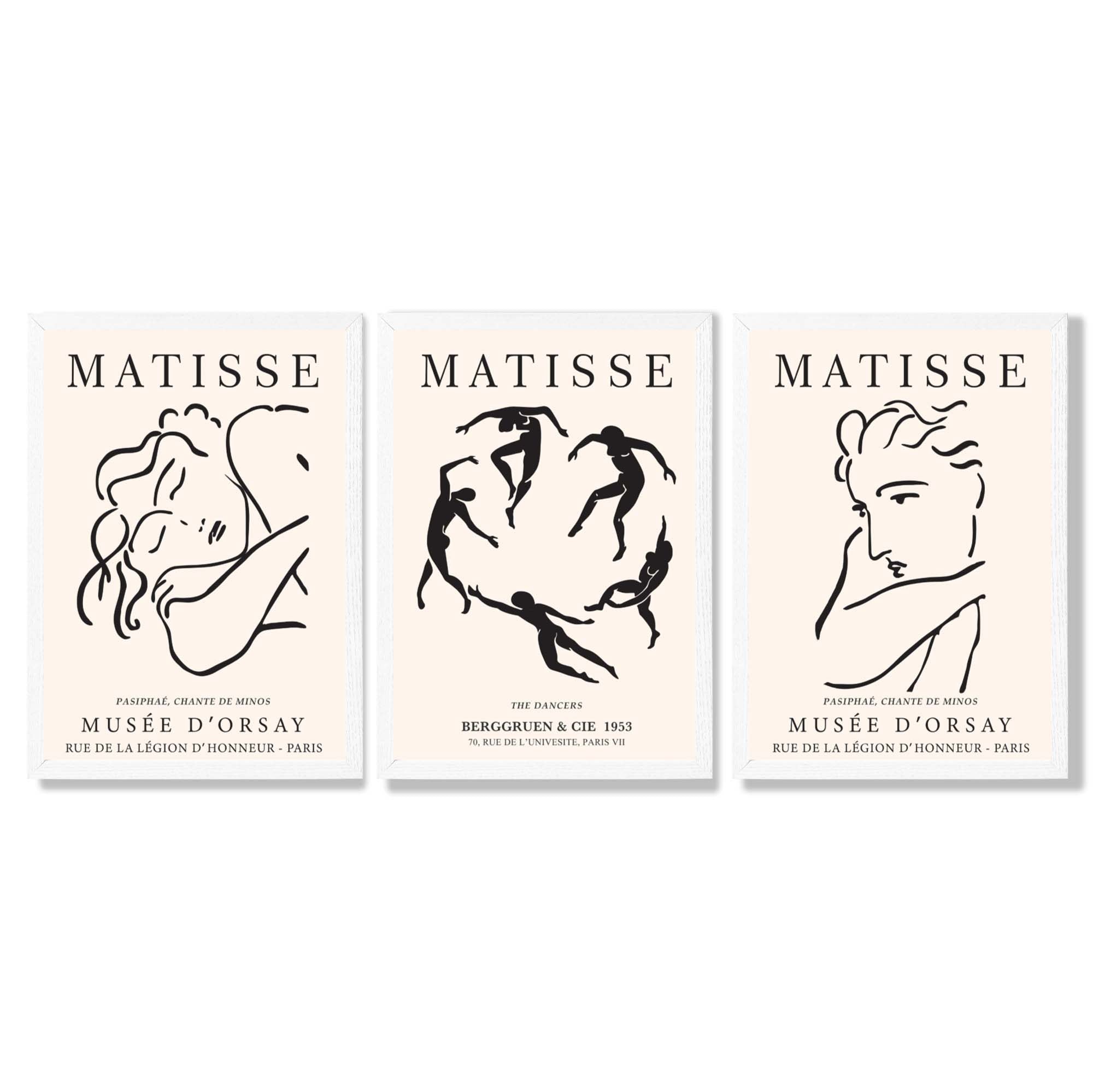 Matisse Minimal Line Art Fashion Set of 3 Black and Cream Framed Wall Art with White Wooden Frames