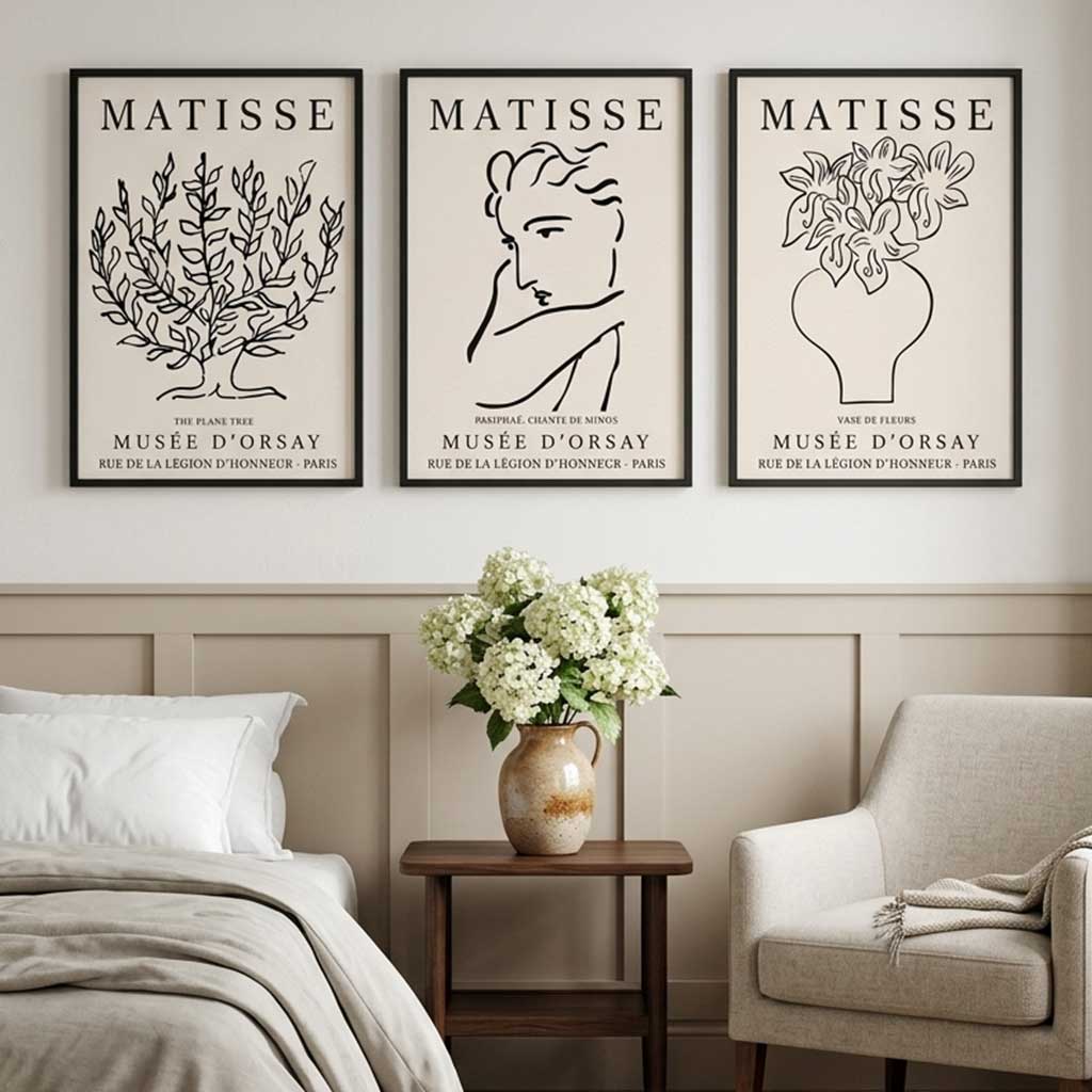 Matisse Minimal Line Art Lifestyle Set of 3 Black and Cream Framed Wall Art with Black Wooden Frames