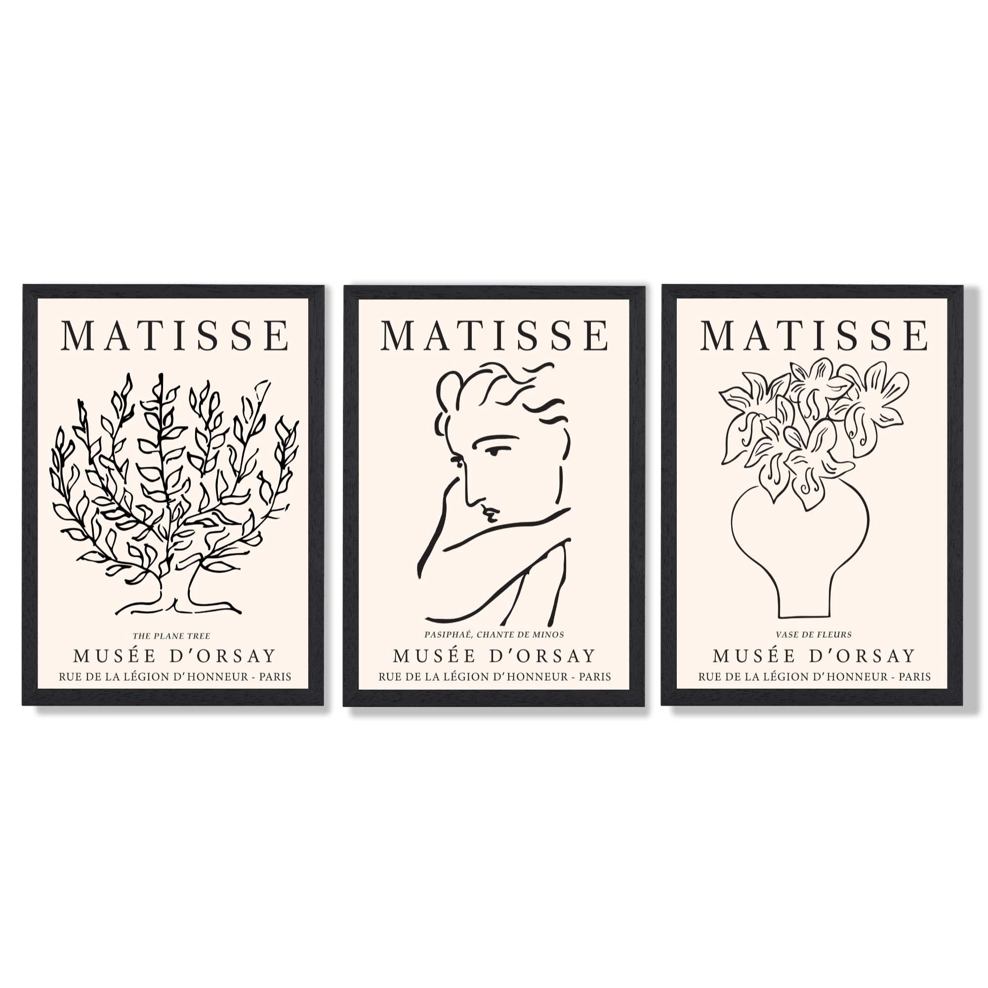 Matisse Minimal Line Art Lifestyle Set of 3 Black and Cream Framed Wall Art with Black Wooden Frames
