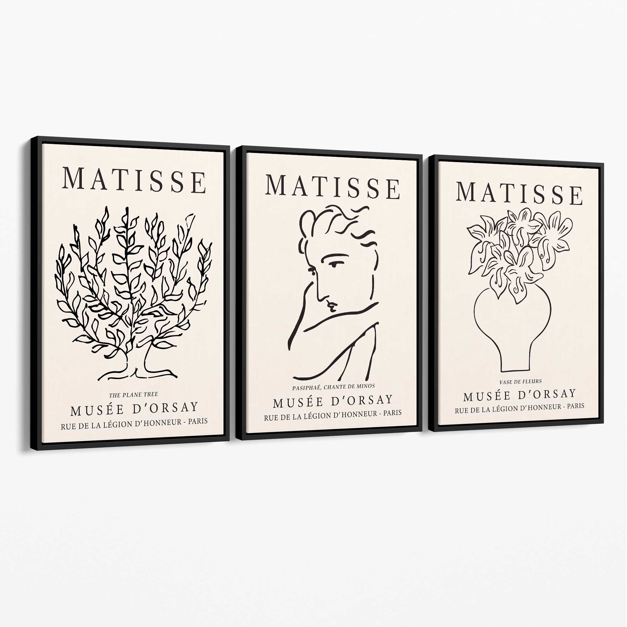 Matisse Minimal Line Art Lifestyle Set of 3 Black and Cream Canvas Prints with Black Float Frame