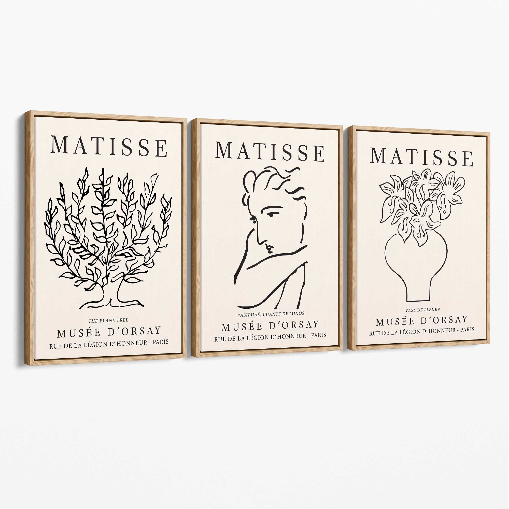 Matisse Minimal Line Art Lifestyle Set of 3 Black and Cream Canvas Prints with Oak Float Frame