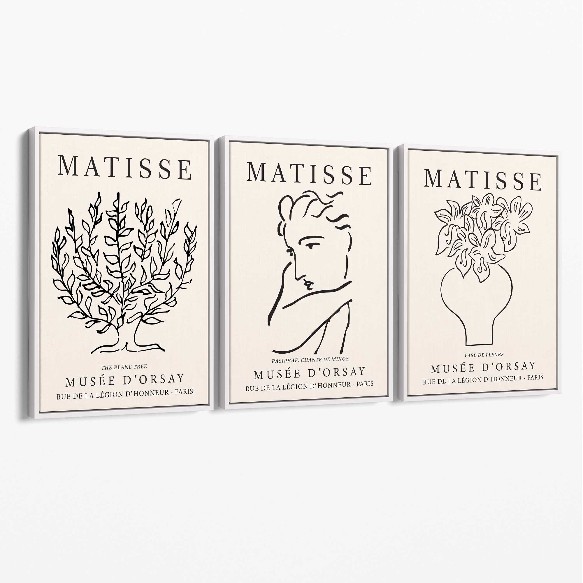 Matisse Minimal Line Art Lifestyle Set of 3 Black and Cream Canvas Prints with White Float Frame