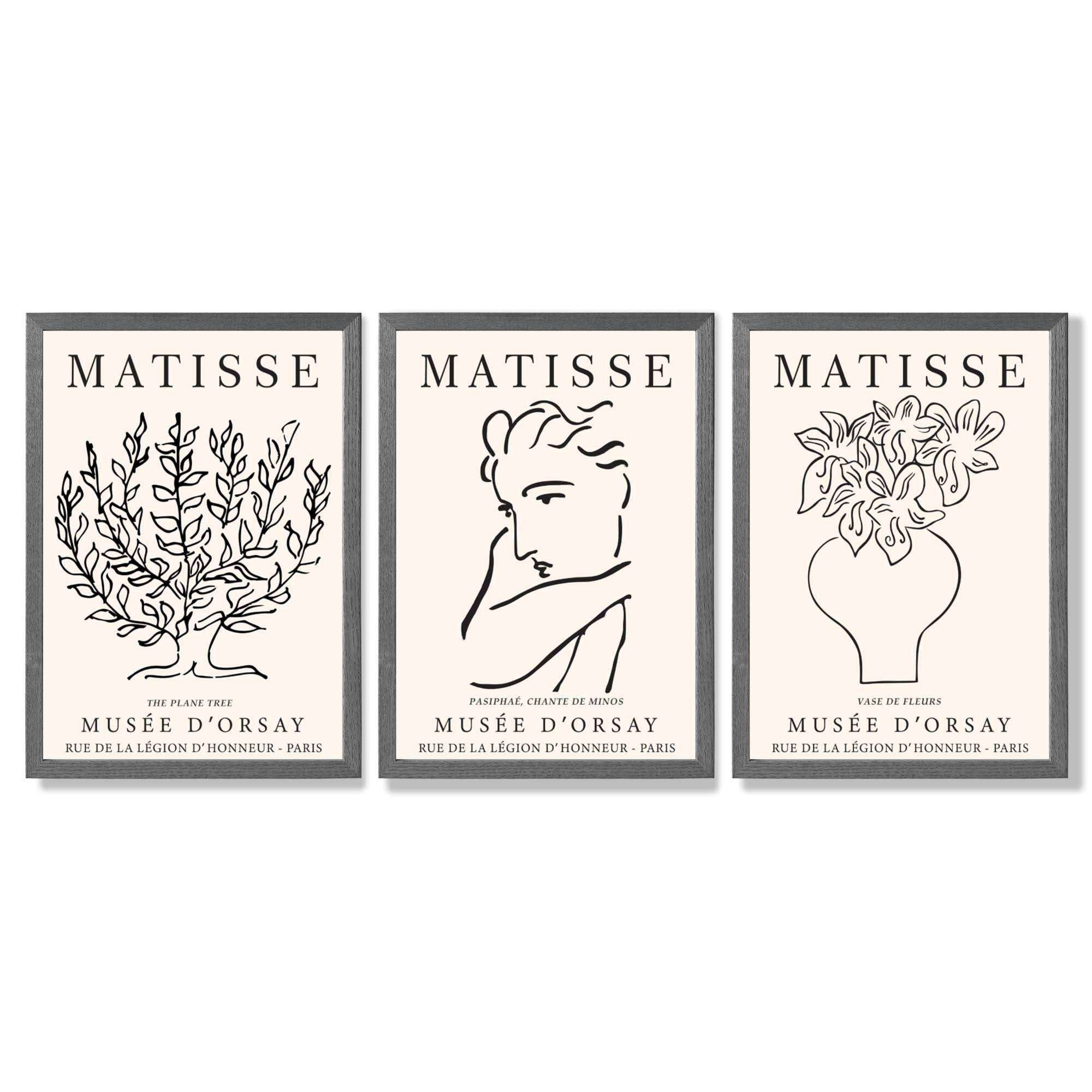 Matisse Minimal Line Art Lifestyle Set of 3 Black and Cream Framed Wall Art with Dark Grey Wooden Frames