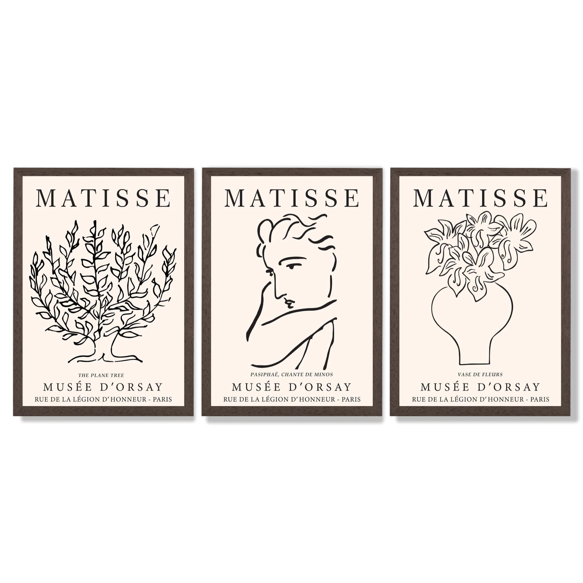 Matisse Minimal Line Art Lifestyle Set of 3 Black and Cream Framed Wall Art with Dark Wood Frames
