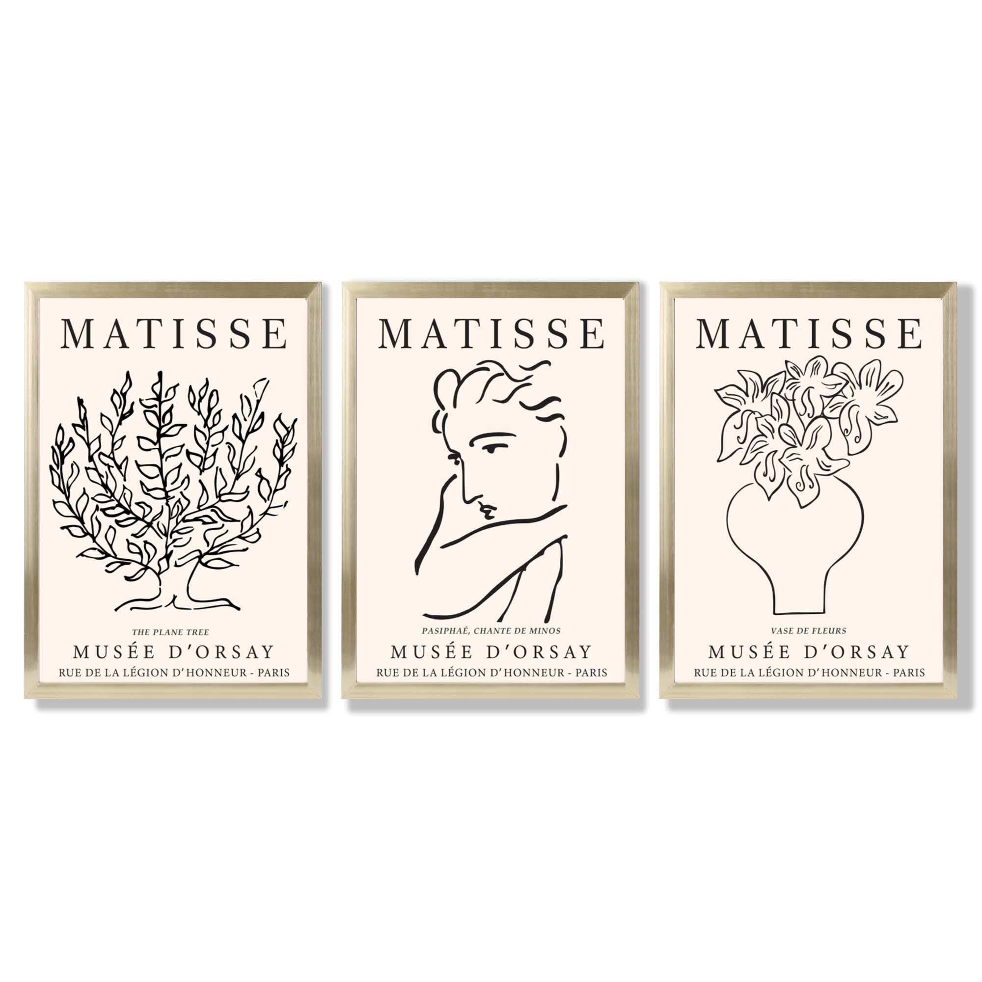 Matisse Minimal Line Art Lifestyle Set of 3 Black and Cream Framed Wall Art with Gold Wood Frames
