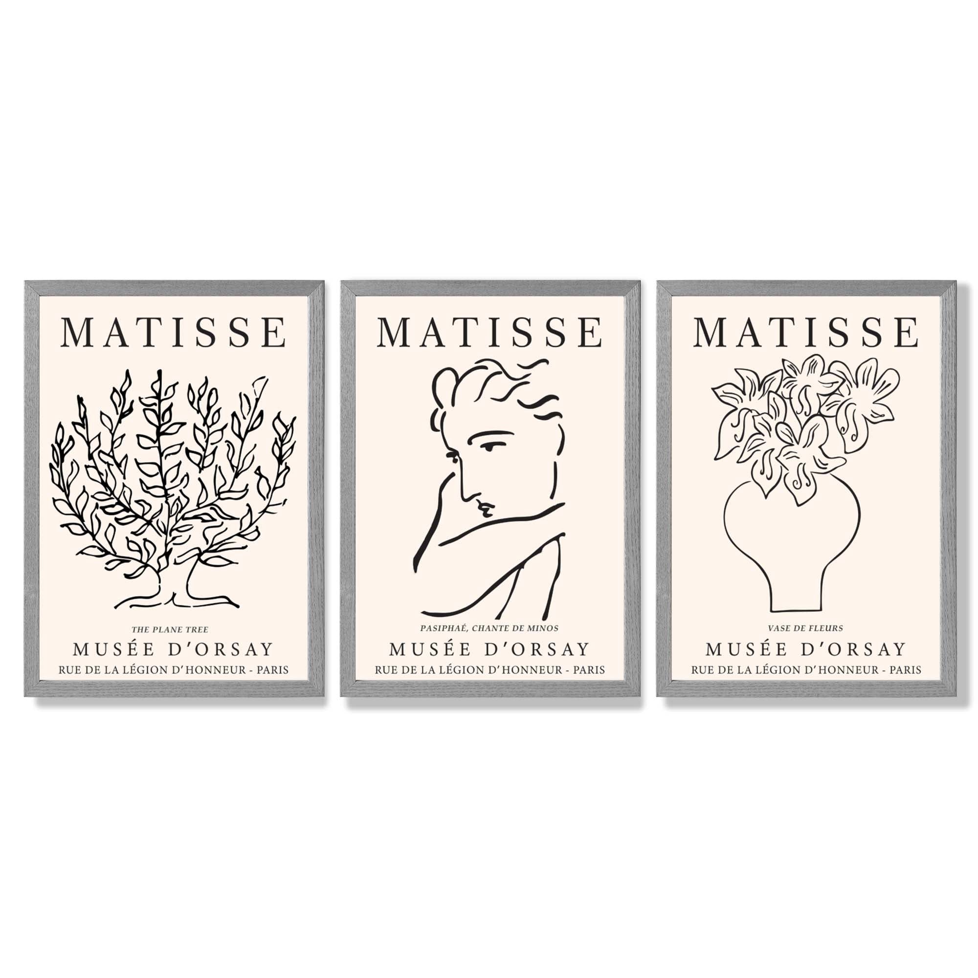 Matisse Minimal Line Art Lifestyle Set of 3 Black and Cream Framed Wall Art with Light Grey Wooden Frames