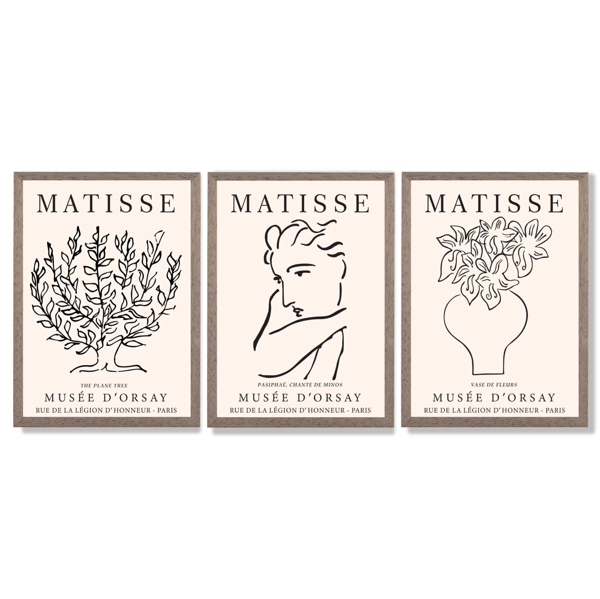 Matisse Minimal Line Art Lifestyle Set of 3 Black and Cream Framed Wall Art with Light Walnut Frames