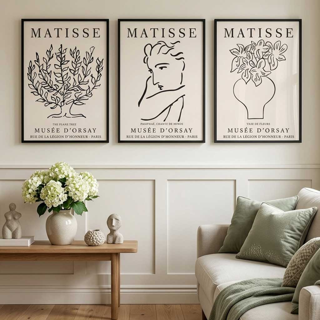 Matisse Minimal Line Art Lifestyle Set of 3 Black and Cream Art Prints in White Frames | Artze UK