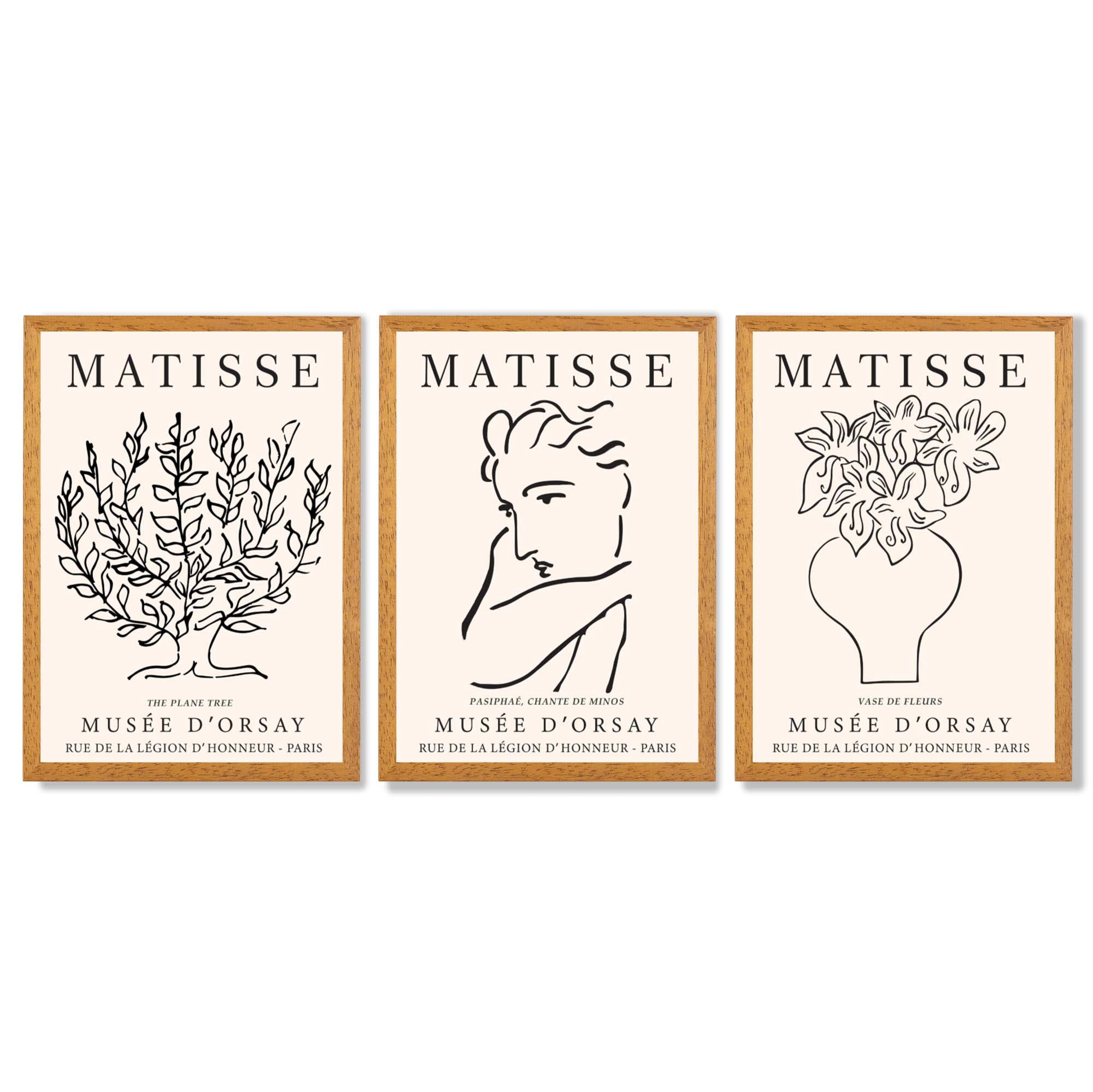 Matisse Minimal Line Art Lifestyle Set of 3 Black and Cream Framed Wall Art with Oak Wooden Frames