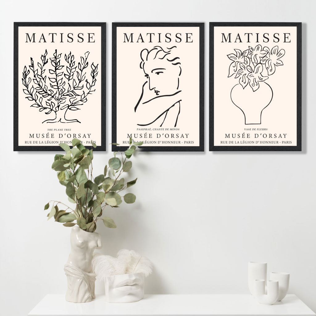Matisse Minimal Line Art Lifestyle Set of 3 Black and Cream Art Prints in Oak Frames | Artze UK