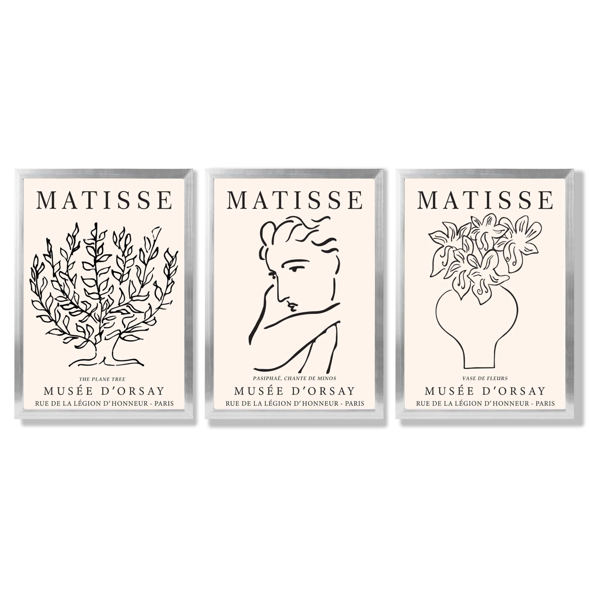 Matisse Minimal Line Art Lifestyle Set of 3 Black and Cream Framed Wall Art with Silver Wood Frames