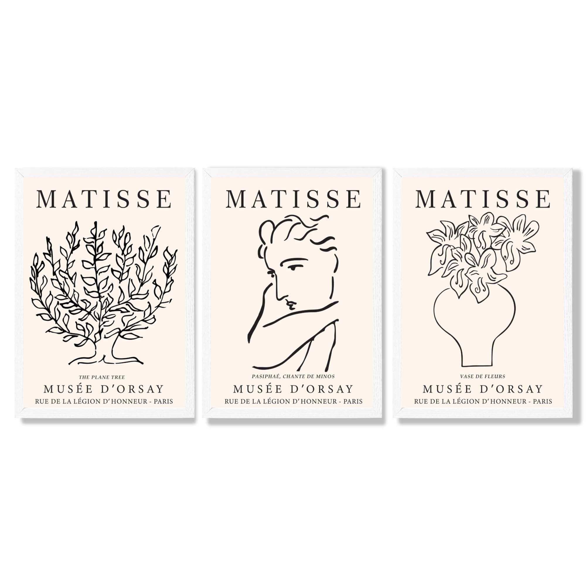 Matisse Minimal Line Art Lifestyle Set of 3 Black and Cream Framed Wall Art with White Wooden Frames