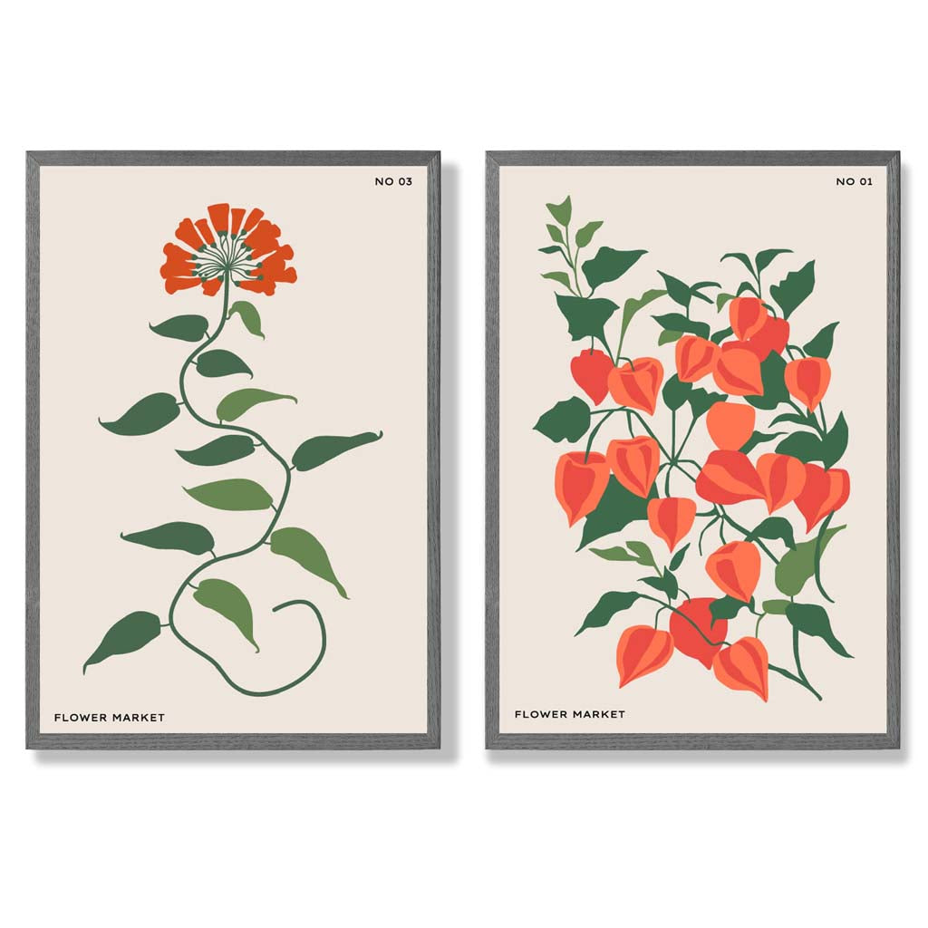 Orange Green Wild Flowers Set of 2 Art Prints with Dark Grey Frame
