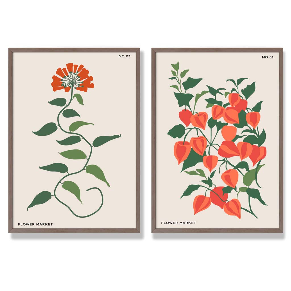 Orange Green Wild Flowers Set of 2 Art Prints with Walnut Frame
