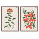 Orange Green Wild Flowers Set of 2 Art Prints with Walnut Frame