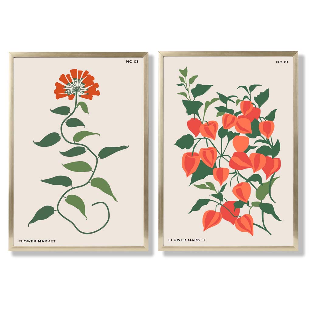 Orange Green Wild Flowers Set of 2 Art Prints with Gold Frame