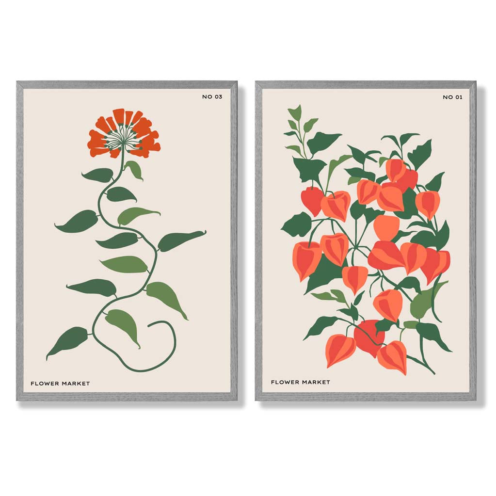 Orange Green Wild Flowers Set of 2 Art Prints with Light Grey Frame