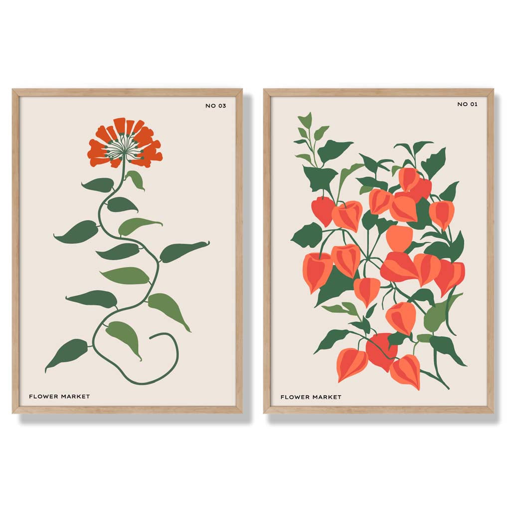 Orange Green Wild Flowers Set of 2 Art Prints with Oak Frame