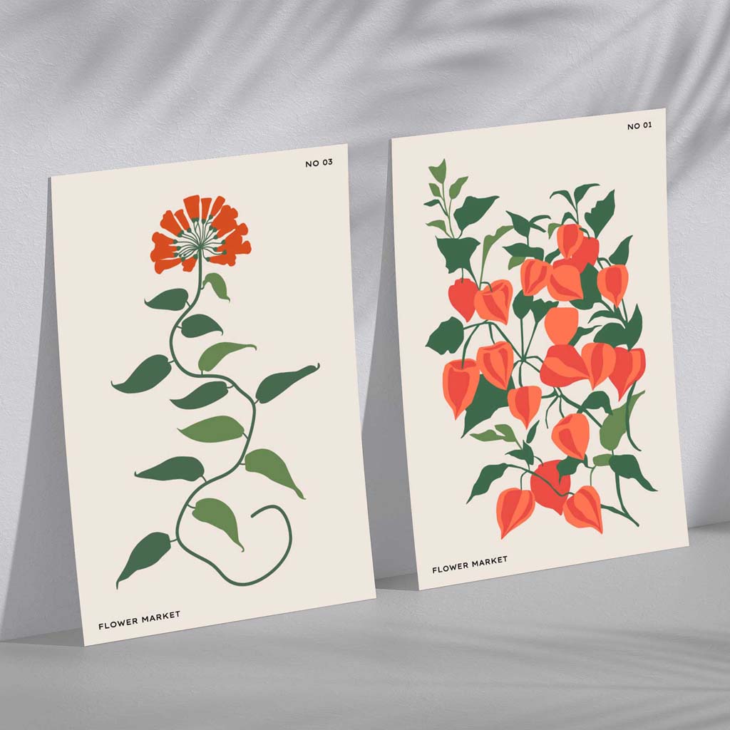 Orange Green Wild Flowers Set of 2 Art Prints
