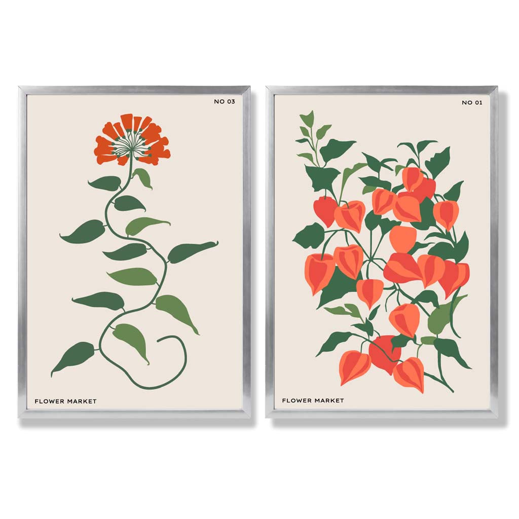 Orange Green Wild Flowers Set of 2 Art Prints with Silver Frame