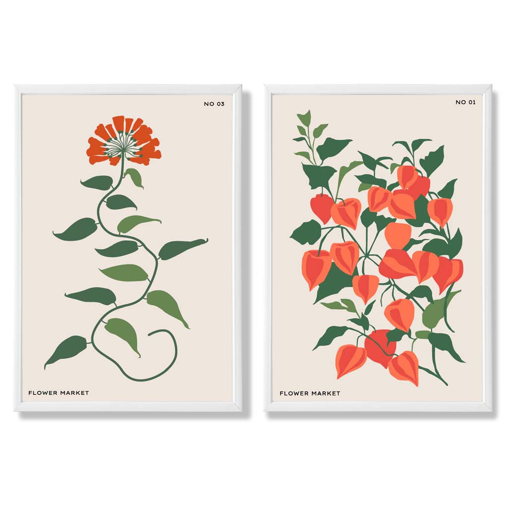 Orange Green Wild Flowers Set of 2 Art Prints with White Frame