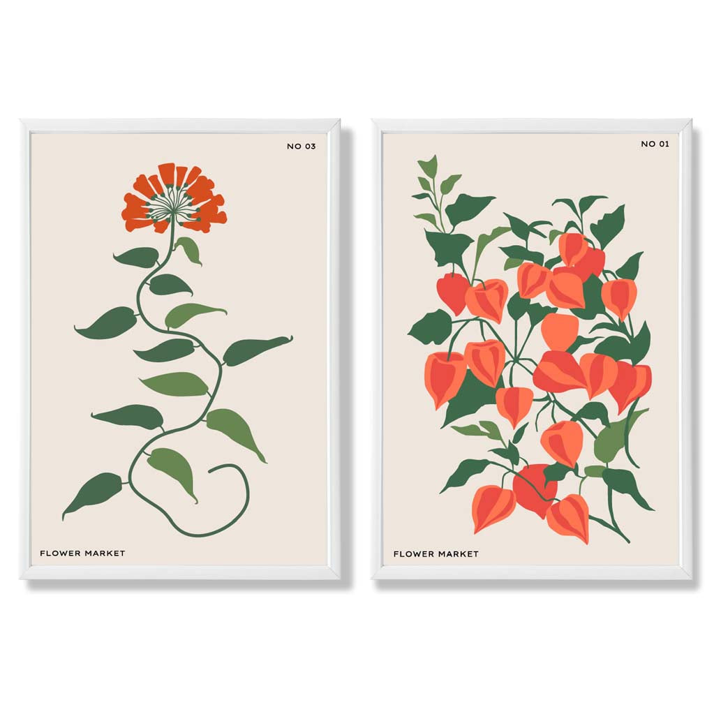 Orange Green Wild Flowers Set of 2 Art Prints with White Frame