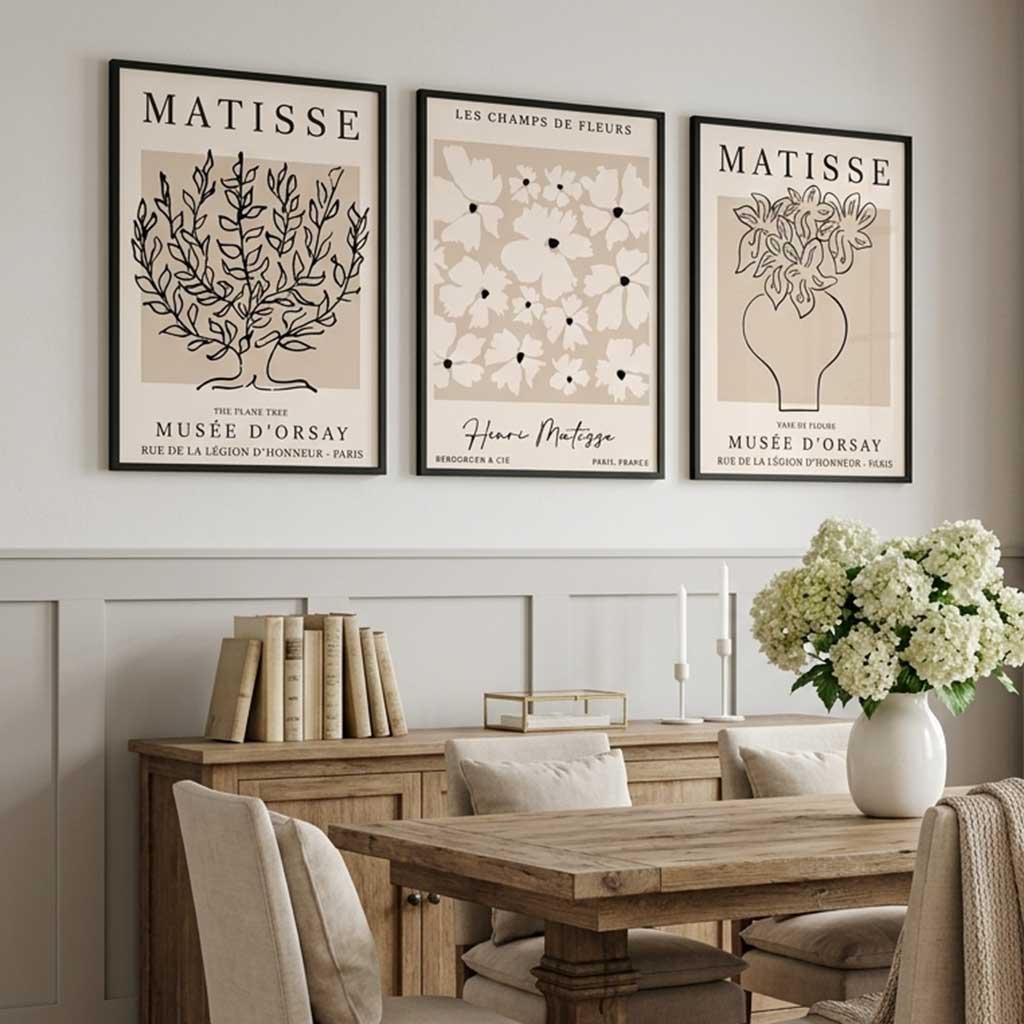 Matisse Floral Line Art Set of 3 Black and Cream Framed Wall Art with Black Wooden Frames