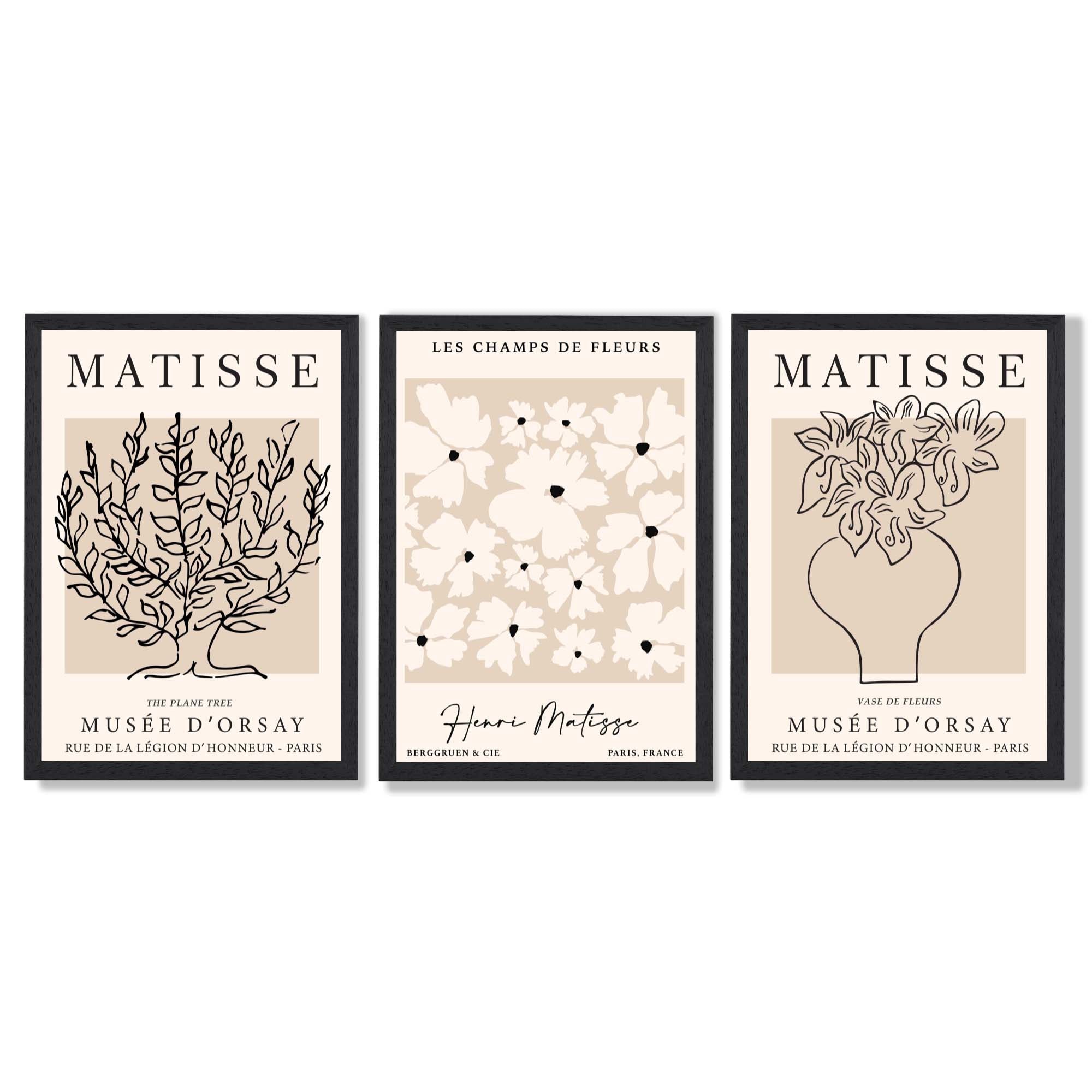 Matisse Floral Line Art Set of 3 Black and Cream Framed Wall Art with Black Wooden Frames