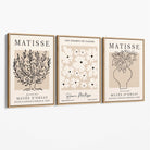Matisse Floral Line Art Set of 3 Black and Cream Canvas Prints with Oak Float Frame