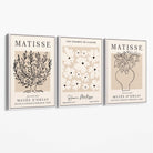 Matisse Floral Line Art Set of 3 Black and Cream Canvas Prints with White Float Frame