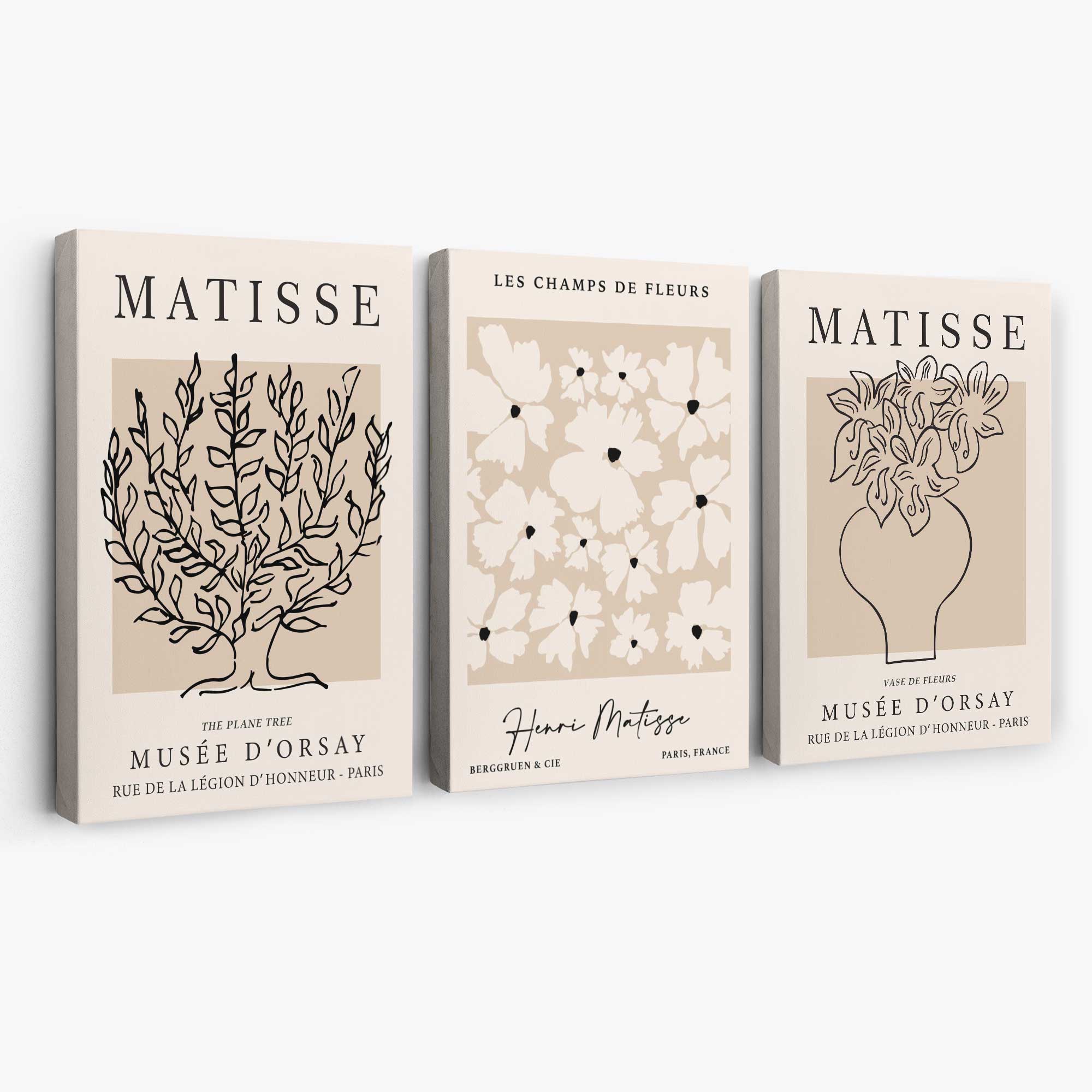 Matisse Floral Line Art Set of 3 Black and Cream Canvas Prints | Artze Wall Art