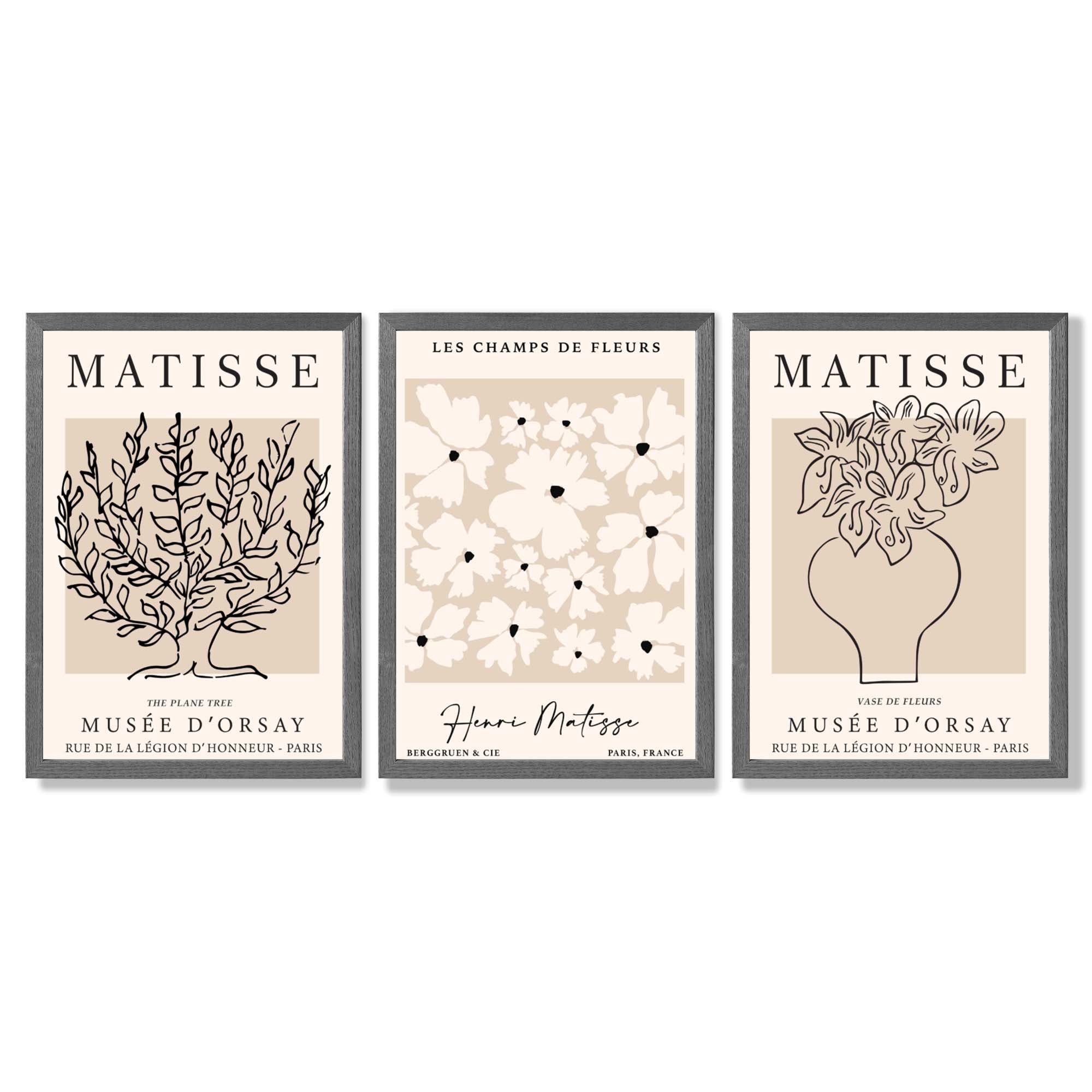 Matisse Floral Line Art Set of 3 Black and Cream Framed Wall Art with Dark Grey Wooden Frames