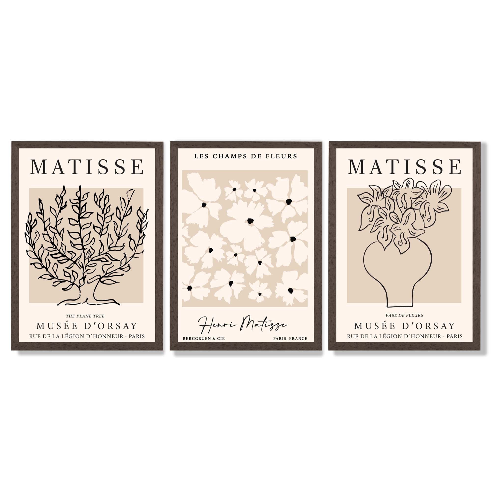 Matisse Floral Line Art Set of 3 Black and Cream Framed Wall Art with Dark Wood Frames