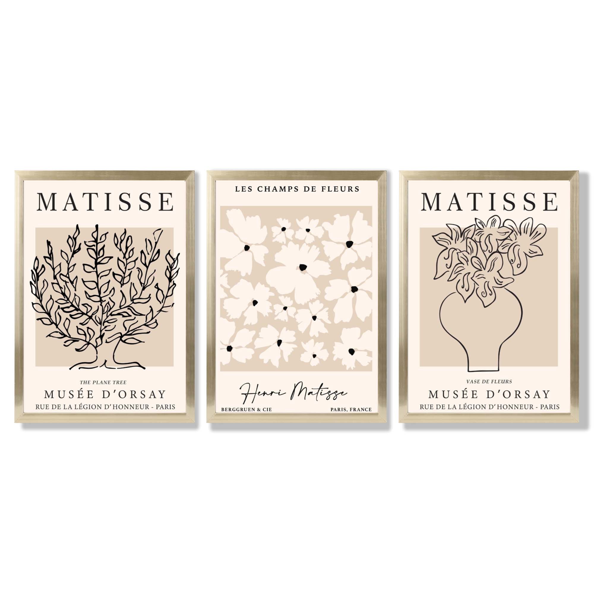 Matisse Floral Line Art Set of 3 Black and Cream Framed Wall Art with Gold Wood Frames