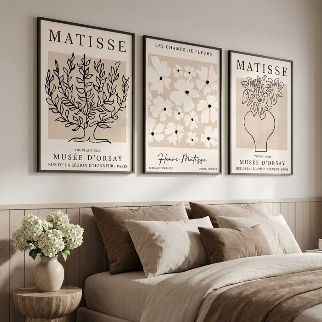 Matisse Floral Line Art Set of 3 Black and Cream Art Prints in Black Frames | Artze UK