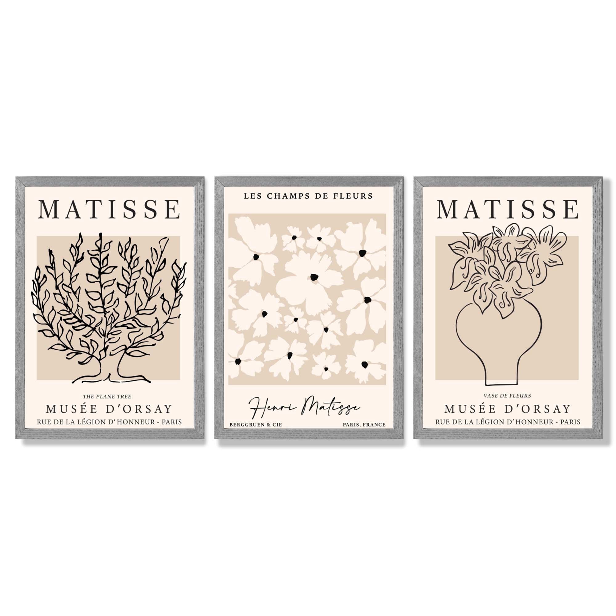 Matisse Floral Line Art Set of 3 Black and Cream Framed Wall Art with Light Grey Wooden Frames