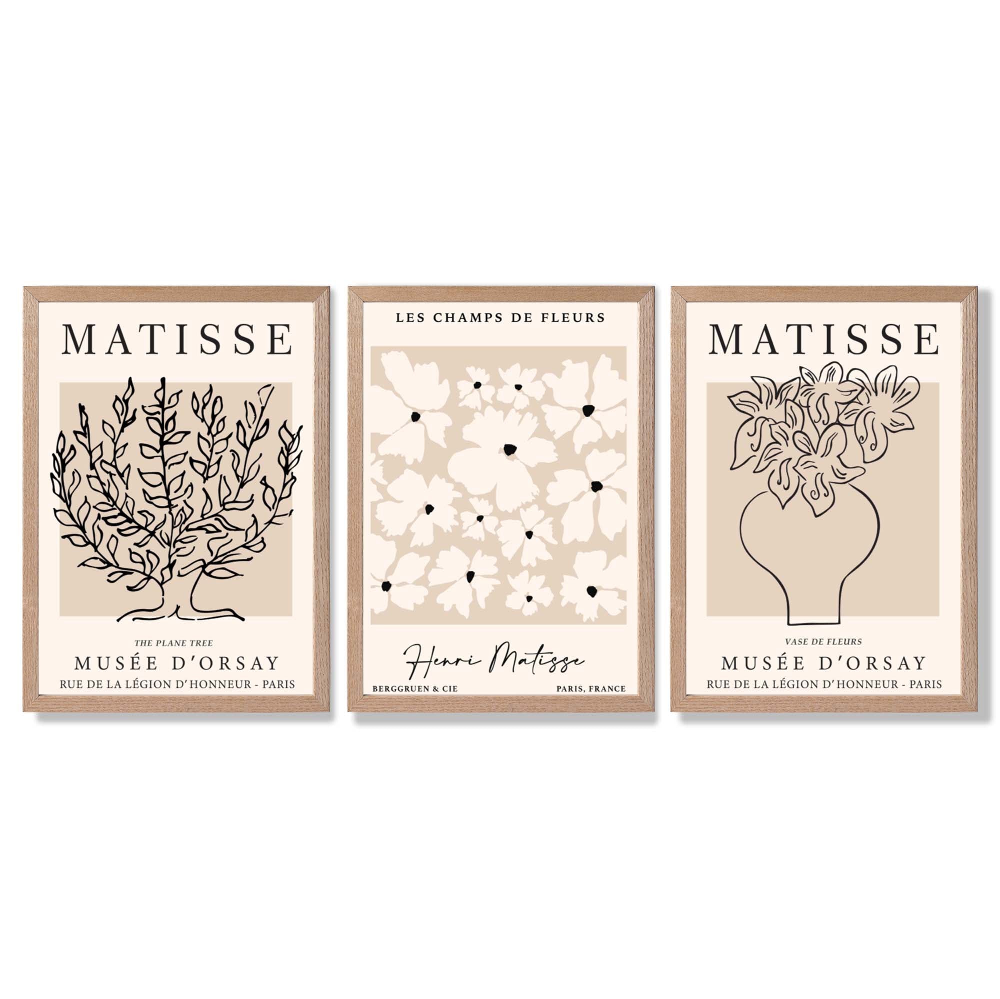 Matisse Floral Line Art Set of 3 Black and Cream Framed Wall Art with Light Oak Frames