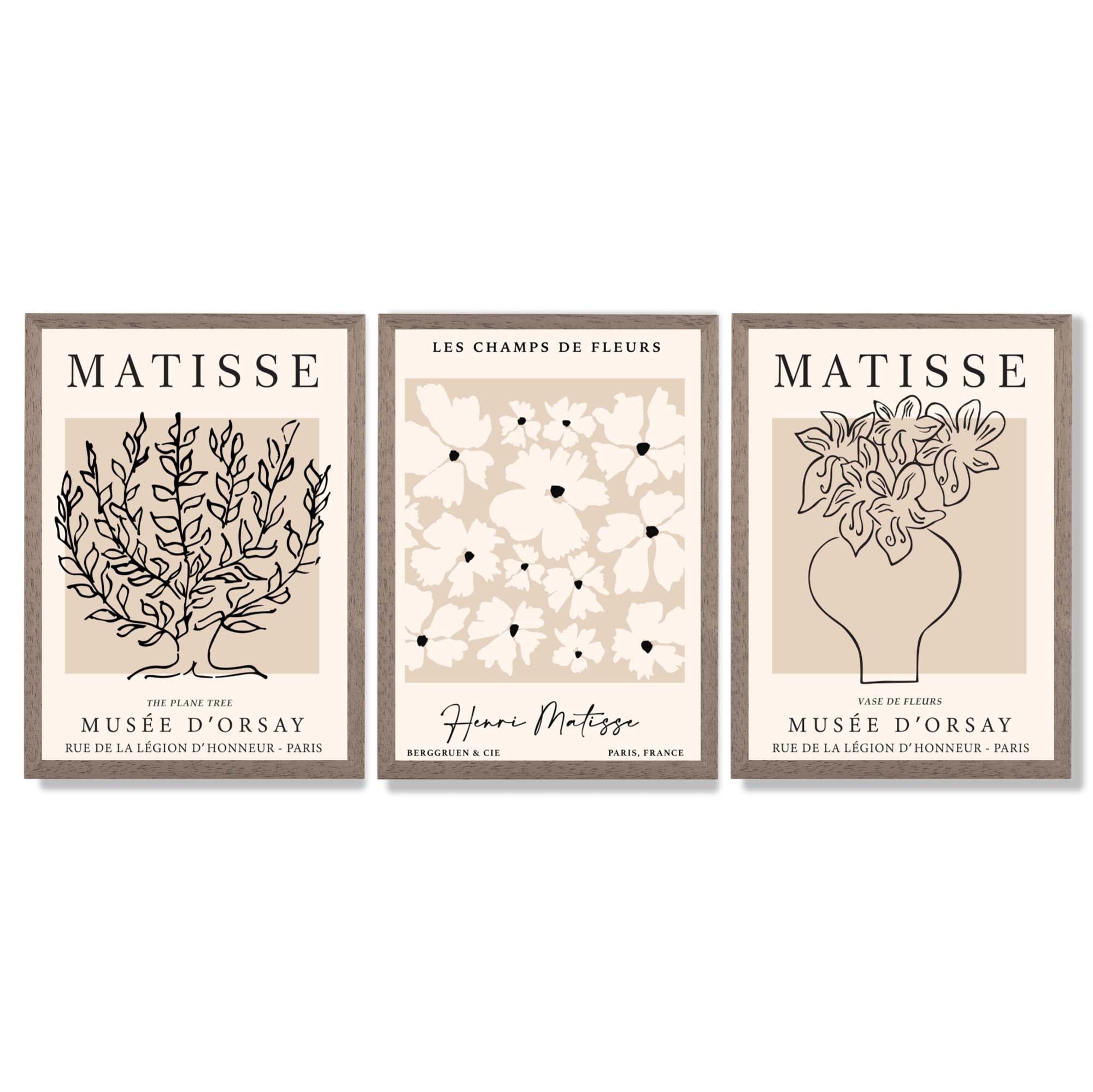 Matisse Floral Line Art Set of 3 Black and Cream Framed Wall Art with Light Walnut Frames