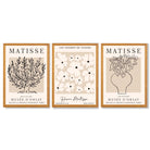 Matisse Floral Line Art Set of 3 Black and Cream Framed Wall Art with Oak Wooden Frames
