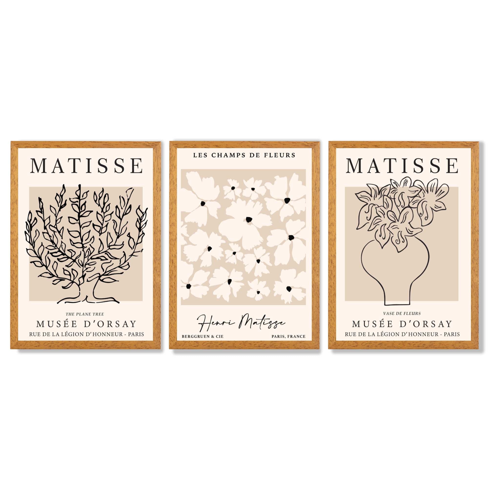 Matisse Floral Line Art Set of 3 Black and Cream Framed Wall Art with Oak Wooden Frames